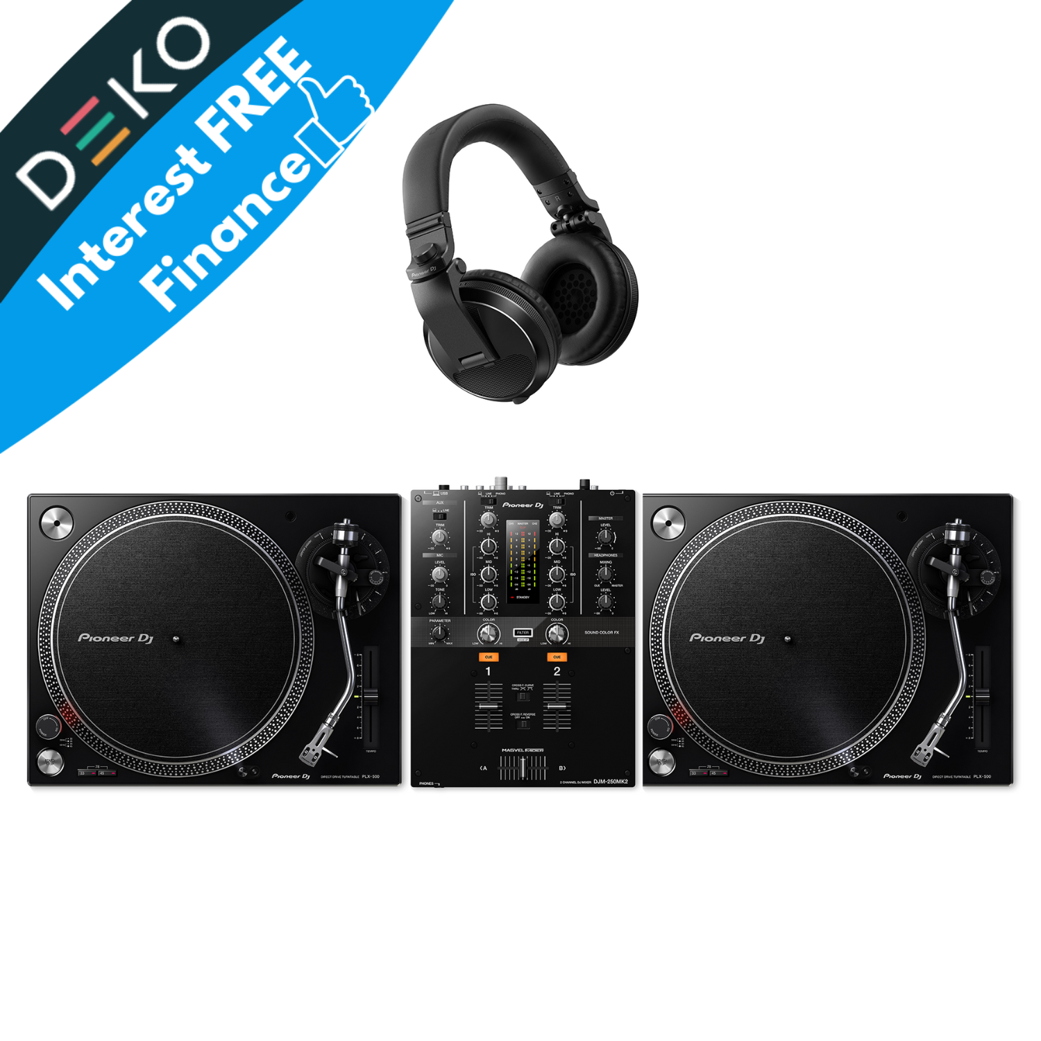 Pioneer DJ PLX-500 Turntable DJM-250MK2 and HDJ-X5 DJ Package