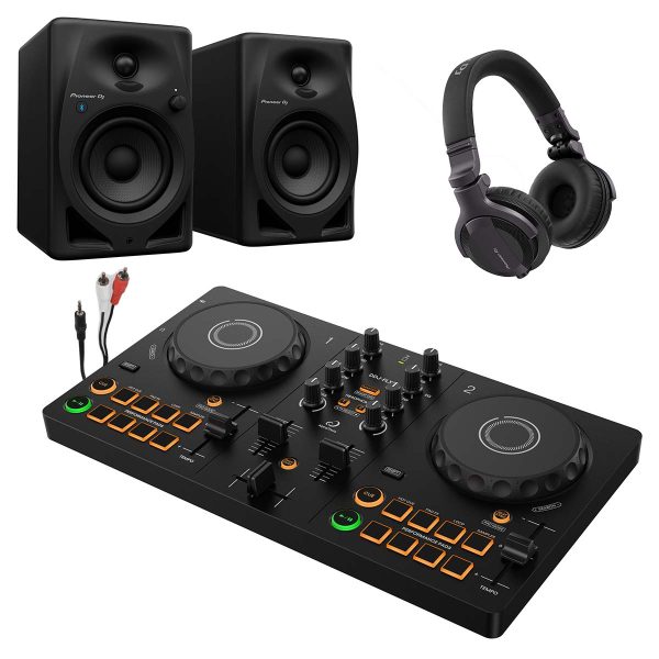 AlphaTheta DDJ-FLX2 DJ Controller with DM-40D Monitors and HDJ-CUE1 Headphones